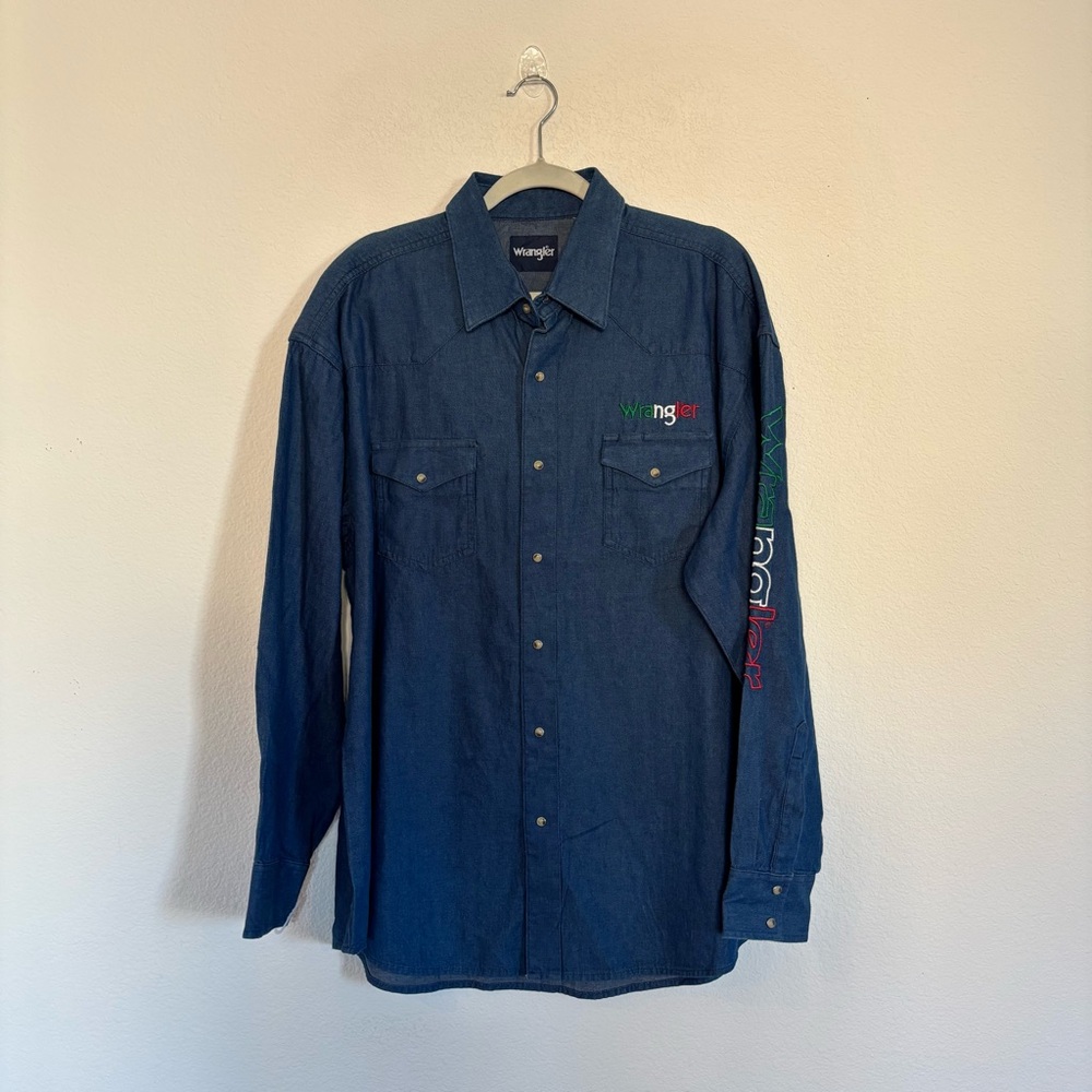 Wrangler Mens Logo Mexican Denim Western Snap Shirt - Picture 3 of 9